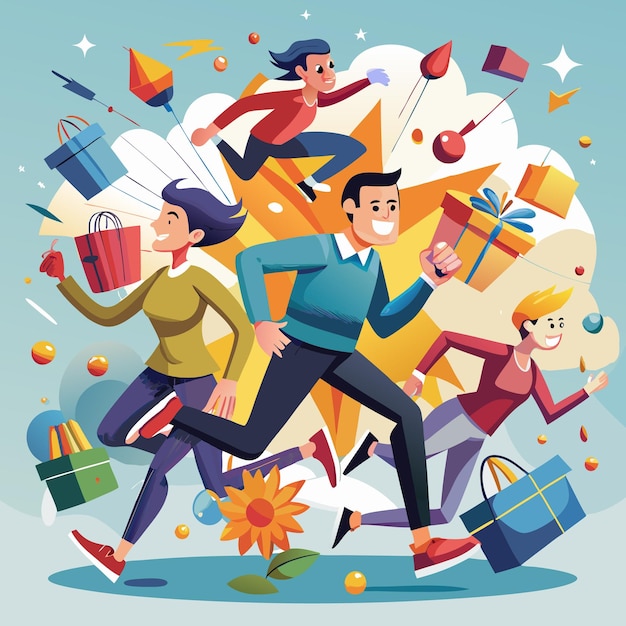 Cuatro personas felices corriendo con bolsas de compras y regalos