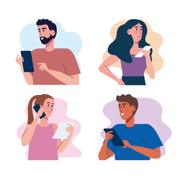 Vector cuatro personas jóvenes que utilizan diseño de ilustración de tecnología de teléfonos inteligentes