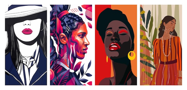 Cuatro pinturas de mujeres en colores variados