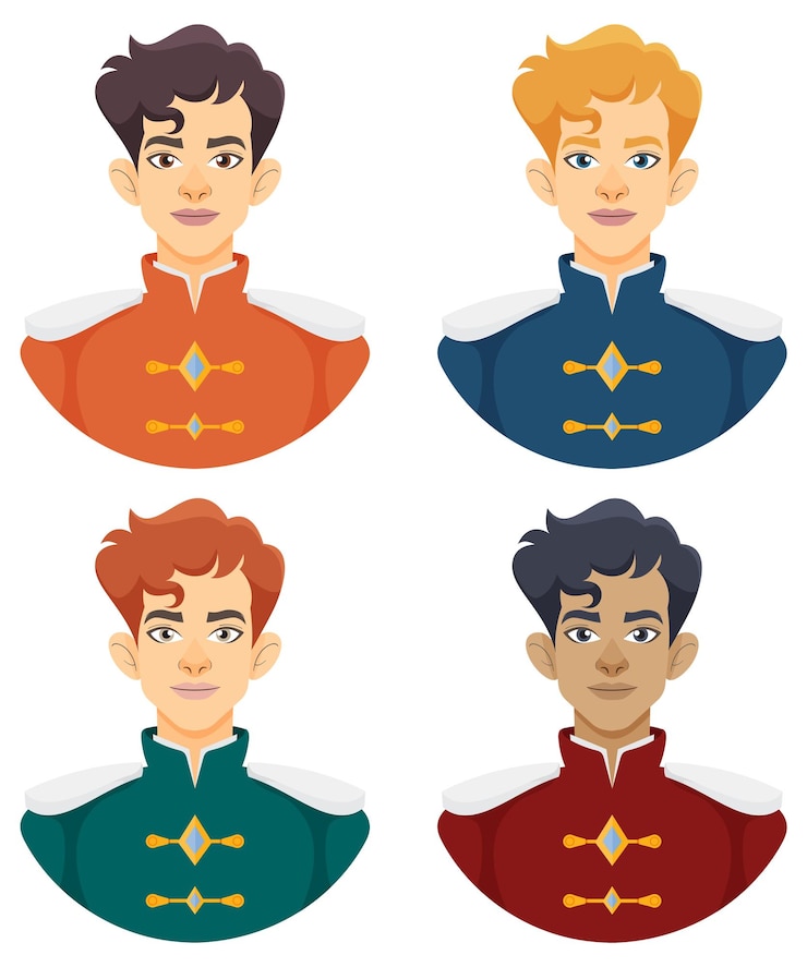 Vector cuatro príncipes con uniformes de colores