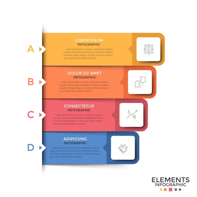 Cuatro rectángulos o rayas de colores con letras con símbolos de líneas finas y lugar para el texto en el interior colocados uno debajo del otro. Concepto de menú emergente del sitio web. Plantilla de diseño infográfico. Ilustración vectorial.