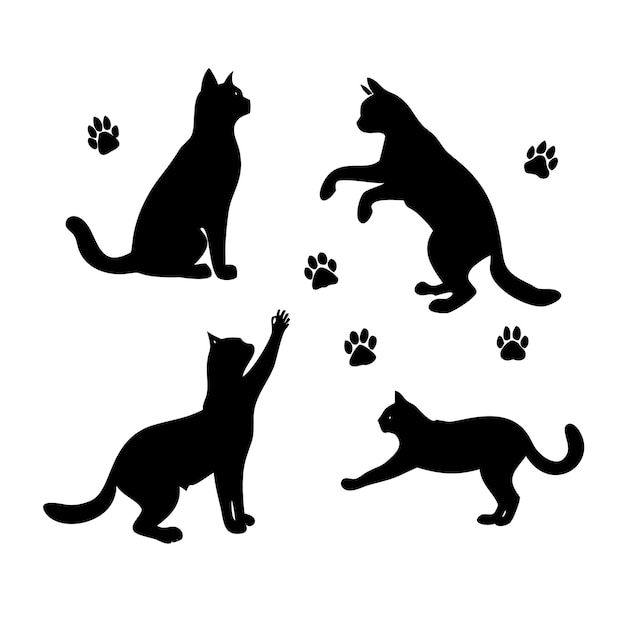 Cuatro siluetas de gatos negros con huellas de patas