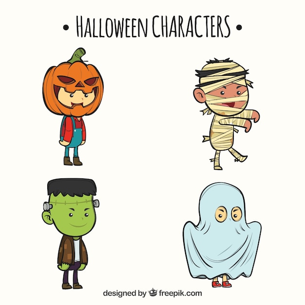 Cuatro simpáticos personajes de halloween dibujados a mano