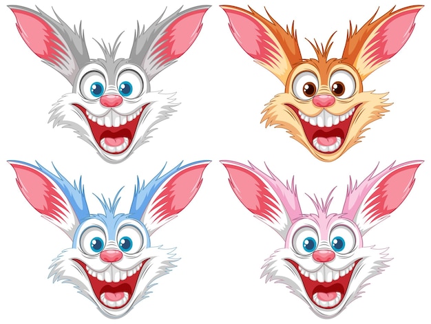 Cuatro sonrisas de dibujos animados de conejo loco