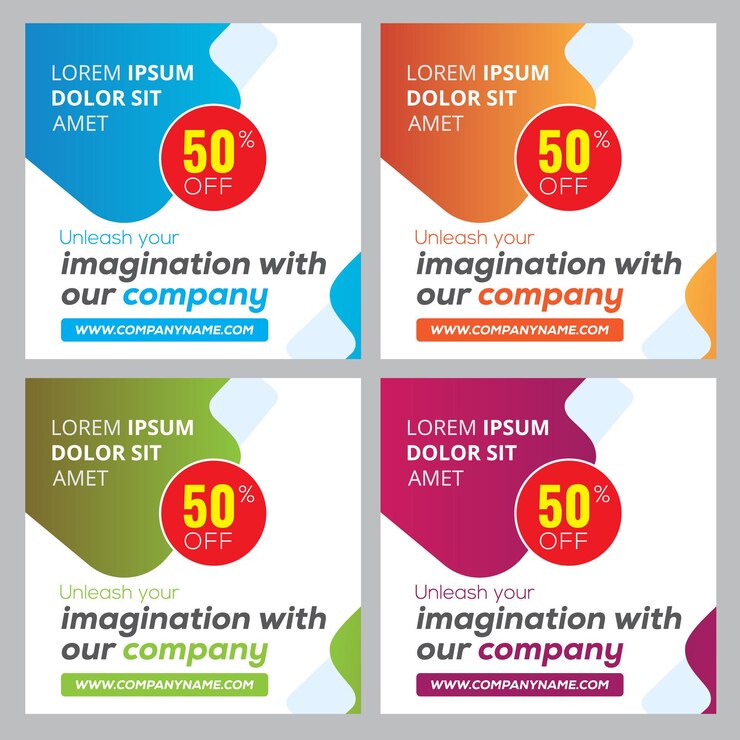 Cuatro tarjetas de diferentes colores con diferentes colores y una que dice 50 por ciento de descuento