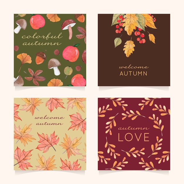 Vector cuatro tarjetas de otoño con hojas, bayas y setas