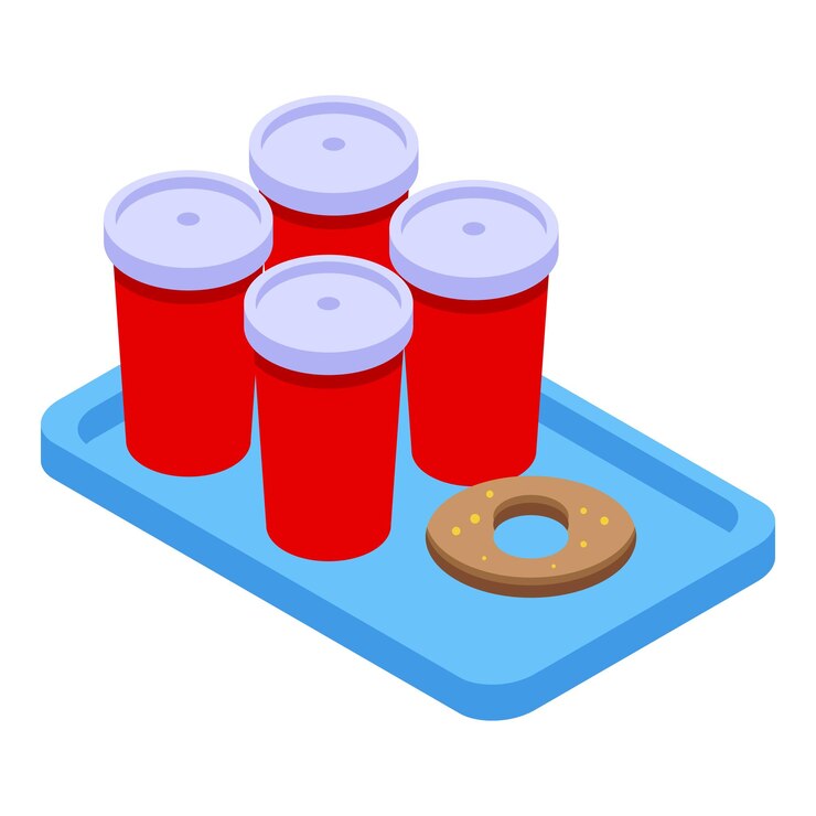 Vector cuatro tazas de café de papel rojo y un donut sentado en una bandeja azul
