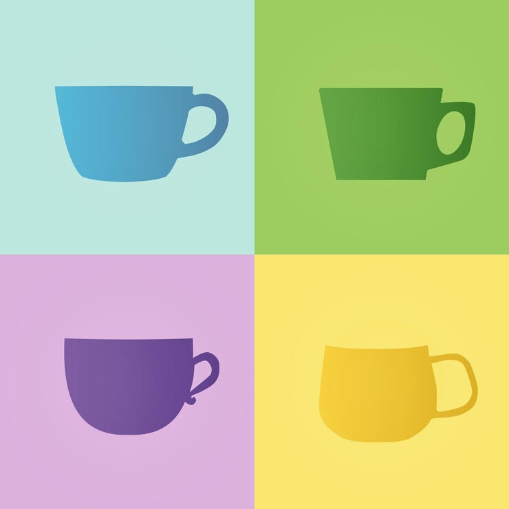 Vector cuatro tazas planas de colores de impresión de diseño frontal de café