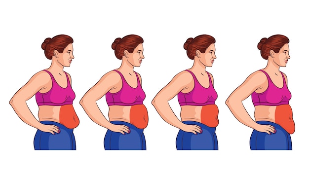Cuatro tipos de barriga en la mujer. Vista lateral de la mujer con sobrepeso. Áreas problemáticas en mujeres en el estómago.
