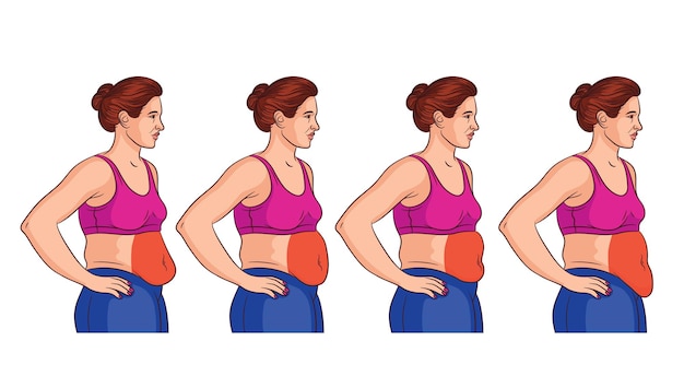 Vector cuatro tipos de barriga en la mujer. vista lateral de la mujer con sobrepeso. áreas problemáticas en mujeres en el estómago.