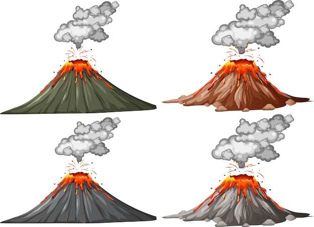 Vector cuatro tipos de erupción volcánica aislado sobre fondo blanco.