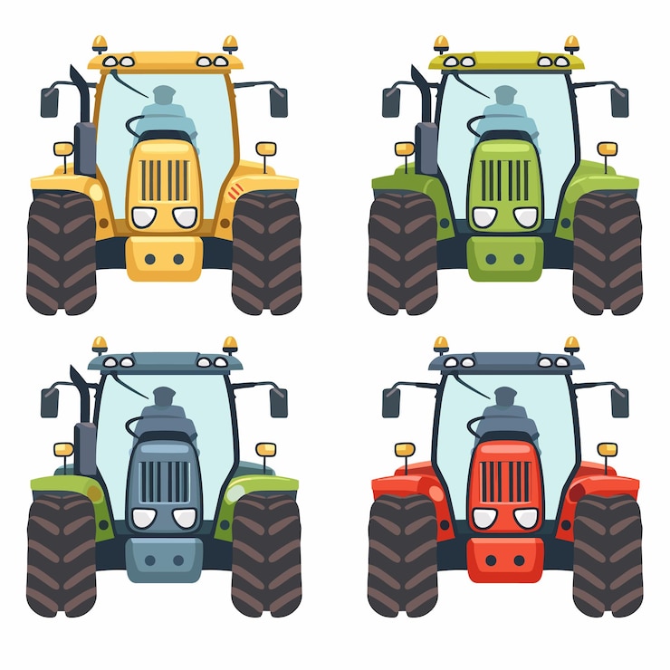 Cuatro tractores de dibujos animados de colores orientados hacia adelante de diferentes colores Tractores de equipos agrícolas grandes