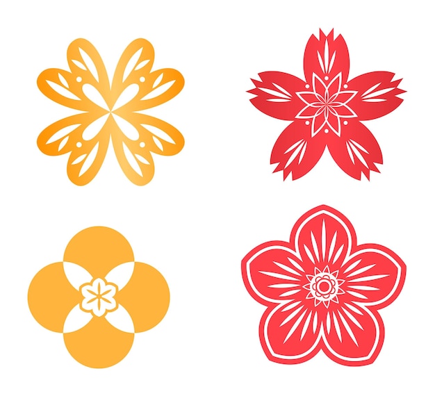 Cuatro vibrantes diseños florales de inspiración asiática con flores de naranja roja aisladas en fondo blanco