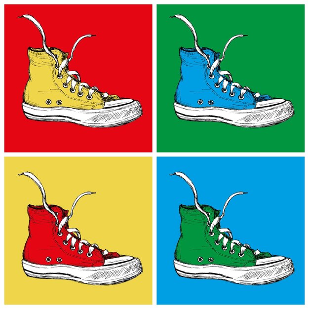 Cuatro zapatillas de deporte sobre un fondo de color dibujo a mano alzada ilustración vectorial