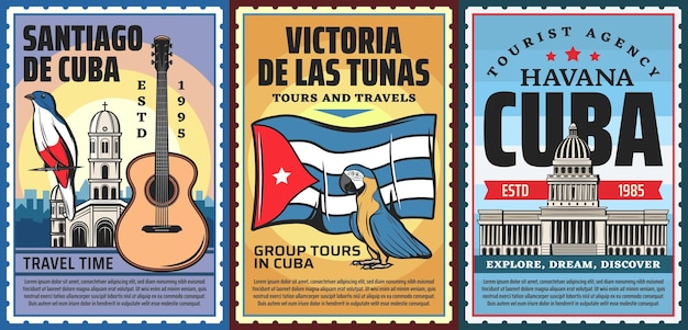 Vector cuba y la habana viaje de vacaciones viajes pancartas retro