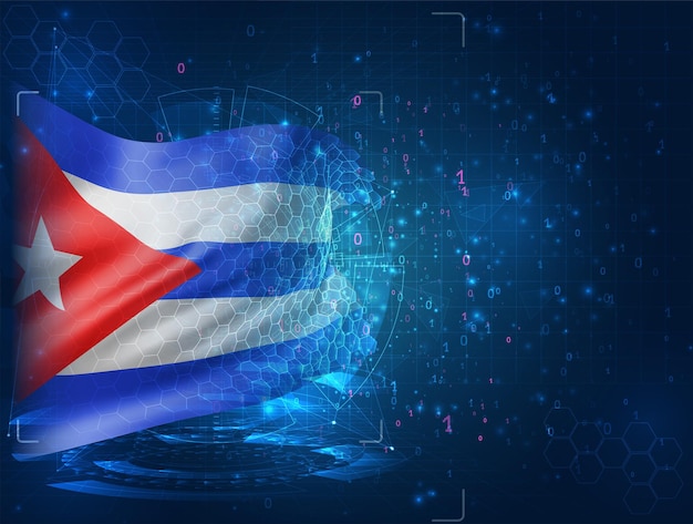 Cuba, vector bandera 3d sobre fondo azul con interfaces hud