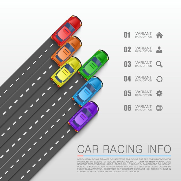 Cubierta de arte de información de carreras de coches. ilustración vectorial