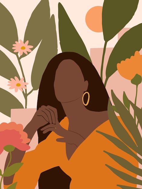 Vector cubierta boho pintada a mano con frutas de rama de árbol tropical y retrato de mujer negra