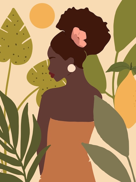 Vector cubierta boho pintada a mano con frutas de rama de árbol tropical y retrato de mujer negra