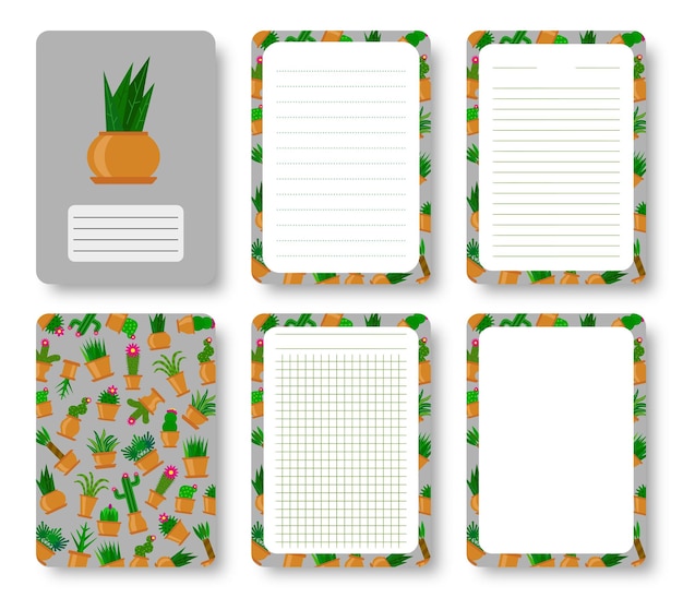 Vector cubierta de cuaderno de cactus y juego de páginas forradas suculento en patrón de maceta con plantilla de hoja cuadriculada de espacio de copia para el diario anual del cuaderno de notas folleto del planificador de plantas de interior verde impresión del diario