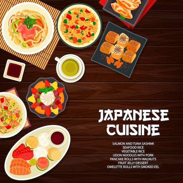 Cubierta de menú de cocina japonesa, platos y comidas de comida asiática, cartel de almuerzo de restaurante de vector. Cuencos de comida tradicional japonesa para la cena con fideos udon, arroz con verduras y mariscos, sashimi de salmón y atún