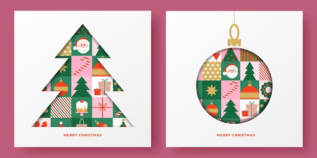 Cubierta de pancarta de felicitaciones de Feliz Navidad en estilo geométrico moderno con efecto de papel cortado