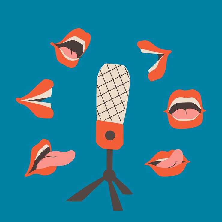Vector cubierta de podcast con micrófono de estudio de fondo azul en un soporte y boca abierta alrededor
