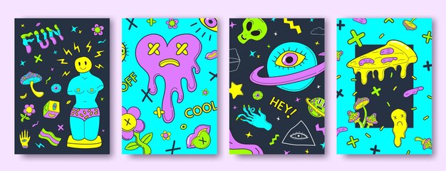 Cubierta psicodélica hippie Acidic divertido hipster carteles retro setenta 1970 1960 groovy patrón abstracto plantilla cósmica alienígena labios pizza ojo sonriente hongo vector ilustración