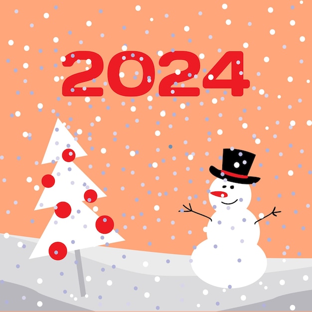 Cubierta de tarjeta de Año Nuevo con muñeco de nieve y árbol de Navidad