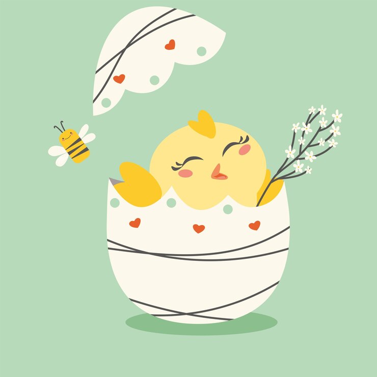 Cubierta de tarjeta de felicitación con tema de Pascua con un huevo de pollo y una abeja de miel