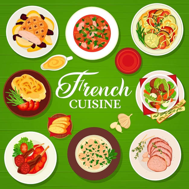 Cubierta de vector de menú de comida de restaurante de cocina francesa