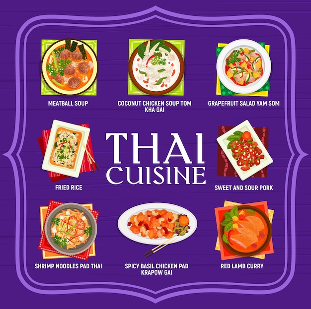 Cubierta de vector de menú de comida de restaurante de cocina tailandesa