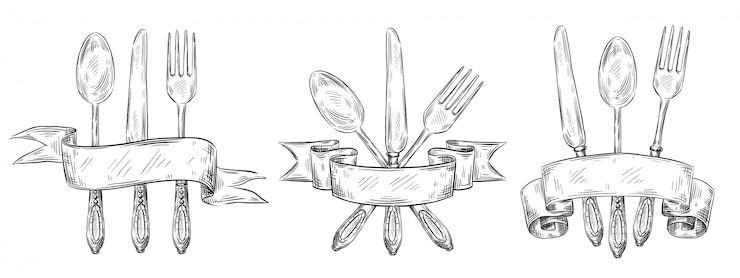 Vector cubiertos con cinta. mesa vintage grabado grabado, tenedor dibujado a mano, cuchillo y cuchara de comida boceto conjunto de ilustración