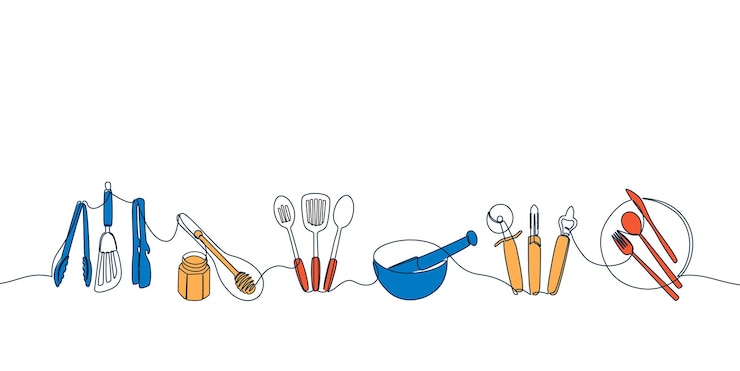 Vector cubiertos de cocina de línea plato dibujado a mano cuchillo plato y cuenco elementos gráficos línea continua garabatos utensilios de cocina línea de color vectorial conjunto diseño de cubiertos cocinero