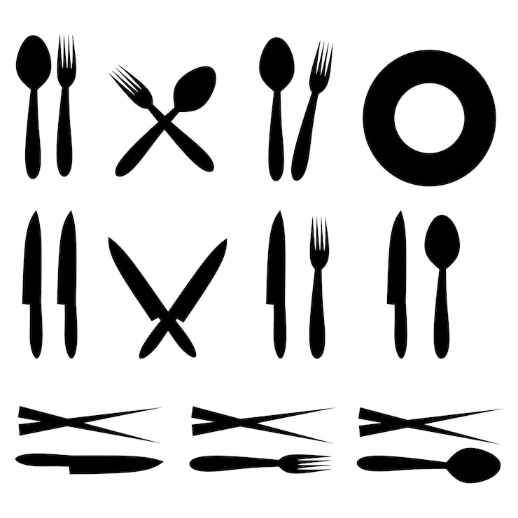 Vector cubiertos icono silueta tenedor cuchara y palillos conjunto de silueta