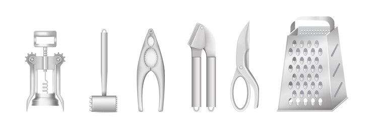 Vector cubiertos realistas 3d sacacorchos realista rallador de metal martillo para golpear carne tijeras para carne