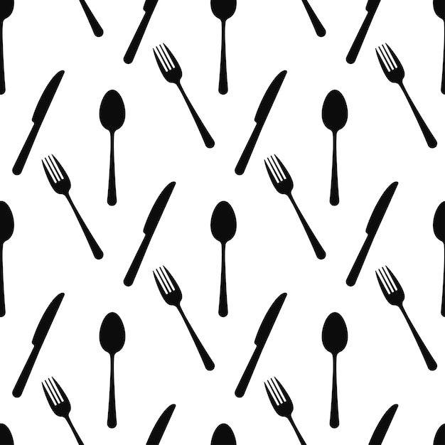 Cubiertos silueta negra vector de patrones sin fisuras. diseño plano simple. vajilla de vista superior: cuchara, tenedor, cuchillo. ilustración de textura sin fin de utensilios de cocina monocromo aislado sobre fondo blanco.