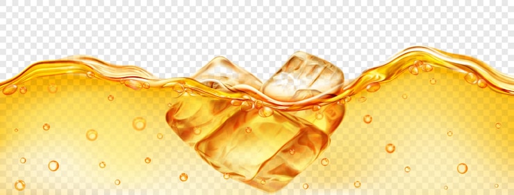 Vector cubitos de hielo amarillos translúcidos flotando en el agua con burbujas de aire aisladas sobre fondo transparente transparencia solo en formato vectorial