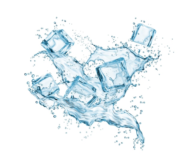 Cubitos de hielo congelados en el fondo de salpicaduras de agua