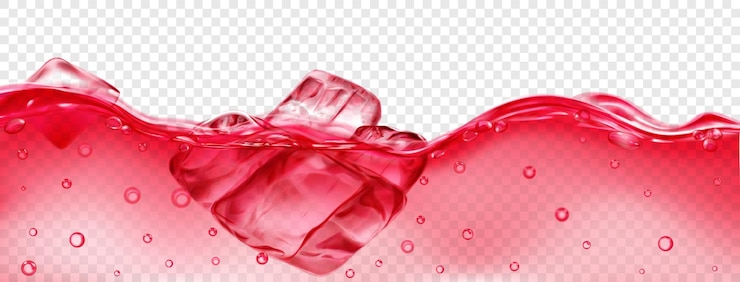 Vector cubitos de hielo rojo translúcido flotando en el agua con burbujas de aire aisladas sobre fondo transparente