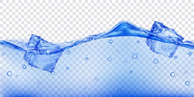 Cubitos de hielo translúcidos y burbujas de aire flotando en el agua sobre fondo transparente ilustración vectorial en colores azules transparencia solo en formato vectorial