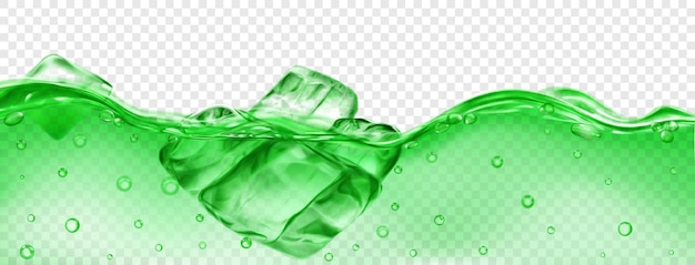 Vector cubitos de hielo verde translúcido flotando en el agua con burbujas de aire aisladas sobre fondo transparente transparencia solo en formato vectorial