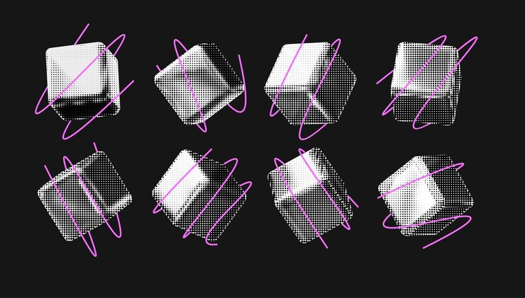 Cubo 3D en estilo de medio tono Fondo geométrico moderno Ilustración creativa vectorial