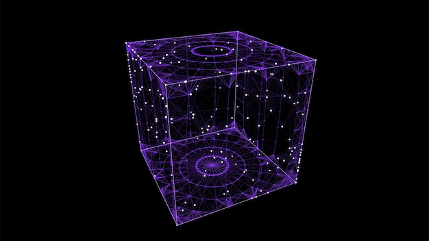 Cubo azul abstracto sobre fondo negro Estructura cuadrada de estructura alámbrica con partículas y líneas brillantes Ilustración digital futurista Ilustración vectorial