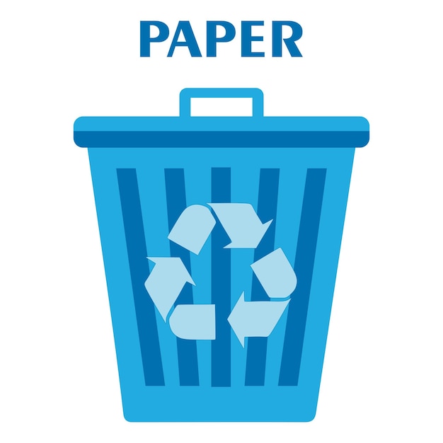 Cubo de basura azul plano para papel Cubo de basura con tapa Concepto ecológico Ilustración vectorial aislada en whit