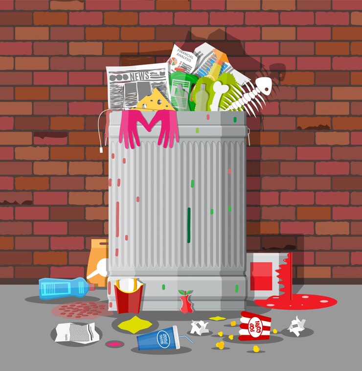 Vector cubo de basura lleno de basura. contenedor rebosante