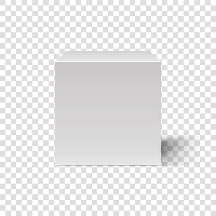 Vector cubo blanco. plantilla 3d de caja cúbica. vista frontal. caja en blanco sobre fondo transparente. cuadro rectángulo abstracto. podio con sombra realista