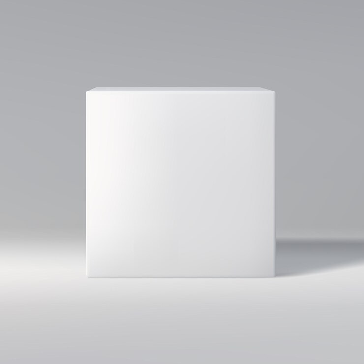 Vector cubo blanco simple en vista frontal en un fondo de gradiente gris que proyecta sombra