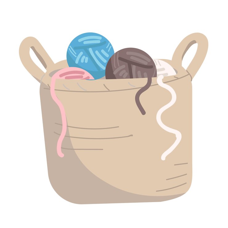 Vector cubo con bolas de hilo objeto de vector de color semiplano elemento de tamaño completo en blanco pasatiempo de tejer artesanía ilustración de estilo de dibujos animados simple para diseño gráfico web y animación