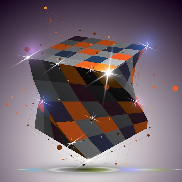Cubo brillante retorcido dimensional con efecto de luces. Elemento de diseño colorido 3d con líneas conectadas, se puede utilizar en proyectos de ingeniería y tecnología.